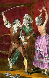 Eroticism: members of the nobility indulging in sadomasochistic pleasures, a man whips a woman attached. Engraving by Leroy after a drawing by Louis Binet (1744-1800) for The Perverted Peasant by Restif de la Bretonne (1734-1806) 1775