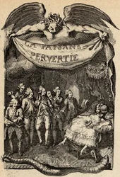 Illustration for La Paysanne pervertie ou les Dangers de la ville by Restif de La Bretonne (1734-1806) French writer. Engraving by Binet of the 18th century.