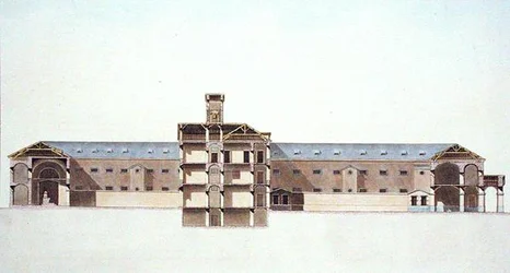 Cross Section of the New Prison in Brussels, from Choix des Monuments, Edifices et Maisons les plus remarquables du Royaume des Pays-Bas by Pierre Jacques Goetghebuer, engraved by the author, published 1827