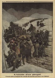 Exodus of a people: the Serbian army protecting a column of peasants fleeing to Albania, World War I