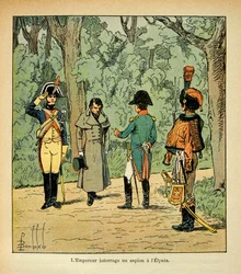 Illustration from the book The Memorial of Saint Helene by Count Emmanuel de Las Cases: Emperor Napoleon interrogates a spy at the Elysee