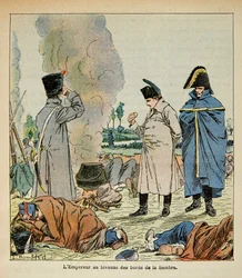Illustration from the book The Memorial of Saint Helene by Count Emmanuel de Las Cases: Napoleon during a bivouac eats the bread of soldiers