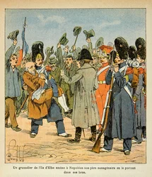 Illustration by Louis Bombled from the book The Memorial of Saint Helene by Count Emmanuel de Las Cases: A grenadier brings his nonagenary father to Napoleon by carrying him in his arms when returning from Elba Island, Private Collection