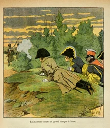 On the eve of the battle of Iena, Emperor Napoleon after recognizing the enemy lines, throws himself flat when a French sentinel