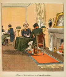 Napoleon and Grand Marechal Henri Gatien Bertrand playing chess in August 1816 at Ste Helene (Illustration of Bombled Louis from the book “The Memorial of Saint Helene” by Count Emmanuel de Las Cases)