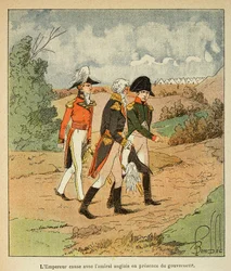 Illustration by Louis Bombled (1862-1927) from the book “The Memorial of Saint Helena” by Count Emmanuel de Las Cases (1766-1842): Conversation between Napoleon, Governor Hudson Mowe and the English Admiral Cockburn in August 1816 at St Helena, Private Co