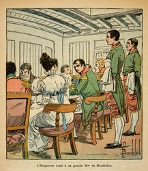 Illustration from the book The Memorial of Saint Helene by Count Emmanuel de Las Cases: Dinner of Emperor Napoleon on board the Northumberland en route to St. Helene, with Mrs. De Montholon on her left