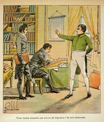 Illustration from the book The Memorial of Saint Helene by Count Emmanuel de Las Cases: Napoleon dictates his memorials to Las Cases