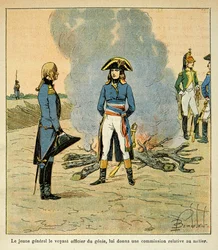Illustration from the book The Memorial of Saint Helene by Count Emmanuel de Las Cases: First meeting between Bonaparte and Marechal Henri Gatien Bertrand then officer of the genie in the army of Italy