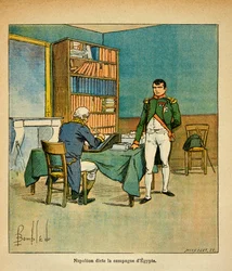 In exile, Emperor Napoleon dictates his memorials to the great marshal Henri Gatien Bertrand on the Egyptian campaign