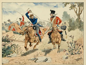 Illustration taken from the book "The Heroes of the Century", anecdotal recits by Dick de Lonlay and illustrated by Louis Bombled (1862-1927)