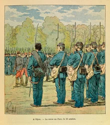 “The Army of the East” by Eugène Sergeant, known as Grenest, illustrated by Louis Bombled (1862-1927) (Franco-German War; campaign of 1870-1871): In Dijon, the magazine of the National Guard at the park on October 19
