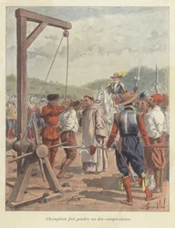 Samuel de Champlain hanging a conspirator, Canada, 17th Century