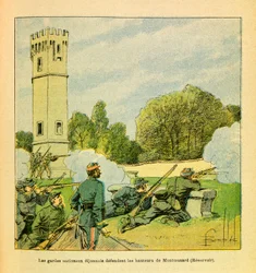 The Eastern Army of Eugène Sergeant, called Grenest, illustrated by Louis Bombled (1862-1927) (Franco-German War; campaign of 1870-1871): Defense of Dijon in October 1870, the Dijon National Guards defend the heights of Montmusard, Private Collection