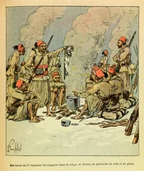 January 1871, the Turcos of the 1st regiment bivouac in the snow, in blouses and trousers of canvas and bare feet