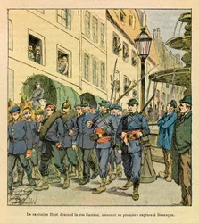 The Eastern Army of Eugene Sergeant, known as Grenest, illustrated by Louis Bombled (Franco-German War; campaign of 1870-1871): Captain Huot descends Rue Battant in Besancon with Prussian prisoners captured in Bethoncourt les Brotte in October