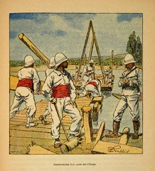 The War in Madagascar: Construction of a bridge on the Ikopa River in 1895