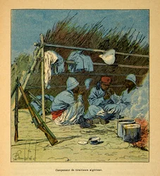 The War in Madagascar-Anecdotal History of the French Expeditions of 1885-1895 by Henri Galli dit Galllichet (1854-1922), illustrated by Louis Bombled (1862-1927): Camp of Algerians in Madagascar in 1895, Private Collection