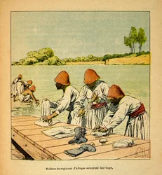 The War in Madagascar - Anecdotal History of the French Expeditions of 1885-1895 by Henri Galli, Illustrated by Louis Bombled: Soldiers of the African Regiment Cleaning Their Laundry on the Banks of a River in Madagascar, Private Collection