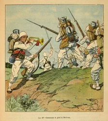 The War in Madagascar - Anecdotal History of the French Expeditions of 1885-1895 by Henri Galli, Illustrated by Louis Bombled: The 40th Foot Hunters During the Fighting in Beritza in 1895, Private Collection