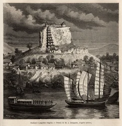 A Rock with Pagoda Stages, and Various Boats on the Blue River (China), Engraving After the Drawing of L.Delaporte, to Illustrate the Voyage of Exploration in Indochina by Francis Garnier, Lieutenant of Ship, in 1866-1868, Published in 