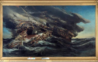 The fire of the steamer the Austria Scene shipwreck of a ship the passengers try to escape on the boats in the demonted sea