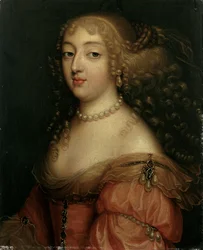 Portrait of a Lady, said to be Laura Mancini, Duchesse de Mercoeur, bust length, in a red dress, with a pearl necklace and earrings