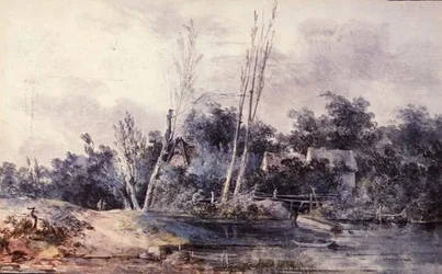 Cottages and willow by a stream with figures
