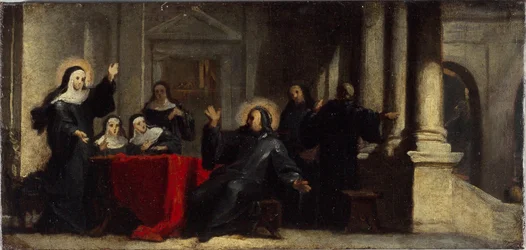 Saint Scholastica obtaining rain and thunder from heaven to prevent Saint Benedict from leaving her