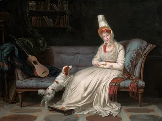 Portrait of Elizabeth, Lady Webster, later Lady Holland, in a white dress with her spaniel Pierrot