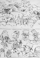 Landscape with Building and Caricature Head Studies