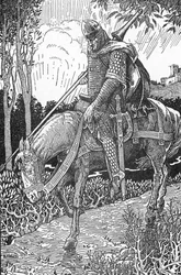 Mordred wounded after the battle of Camlann against his father King Arthur Illustration by Louis Rhead (1858-1926) from “King Arthur and his knights” 1923 Private collection