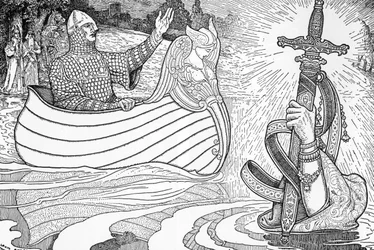 Lady of the Lake giving King Arthur the Sword Excalibur, Illustration by Louis Rhead
