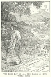 The dogs eat up all the bacon as Hans walks home