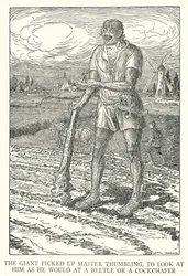 The Giant Picked Up Master Thumbling, to Look at Him as He Would at a Beetle or a Cockchafer (litho)