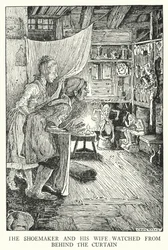 The shoemaker and his wife watched from behind the curtain