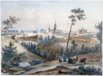 Bouvier in the Breton countryside (Dinan in the distance) - lithography by Jacottet and Benoist