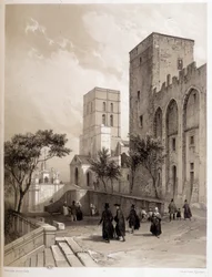 Palace of the Popes in Avignon, and the Avignon walkers in the 19th century