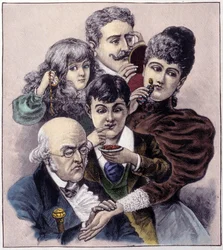 Representation of the five senses (touch, hearing, smell, taste and sight) by Louis leopold Bailly. Engraving from 1894