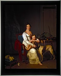 A Young Lady with a Child and Dog in an Interior