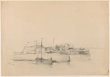 Houses and Two Ships by the Coast