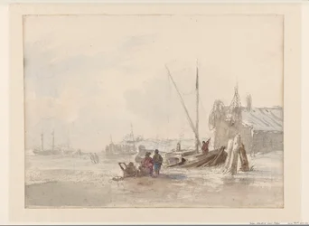 Beach Scene with Fishermen by a Boat in the Foreground