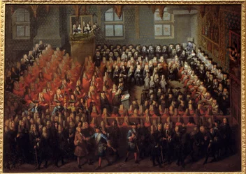 Bed of Justice held by Louis XV (1710-1774) in the Grand Chamber of the Parliament of Paris to break the will of Louis XIV (1638-1715)