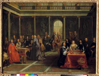 Queen Christine of Sweden, surrounded by her court, hearing the philosopher Rene Descartes doing a geometry demonstration; in the presence of the Prince of Conde, Elisabeth de Baviere Princess Palatine and Father Mersenne. Painting by Louis Michel Dumesnil