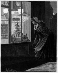 Woman looking through the glass of a Parisian cafe