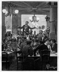 In the middle, on a table, Desroches leads the charivari. Scene in a Parisian cafe: people sing, drink, smoke, chat and flirt around tables. In 
