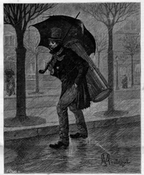 Poor harvest! Poor wet cicada! ... Drum player in misery walking in the rain in the streets of Paris. In 