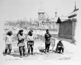 The peasants of a small Russian village with a mosquito net on their face and a train station of the Trans-Siberian. 1913. Illustration by Sabatier