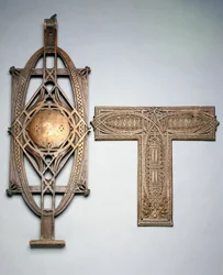 A Copper-Plated Cast Iron Stairway Baluster and a Copper-Plated Metal Decorative Panel