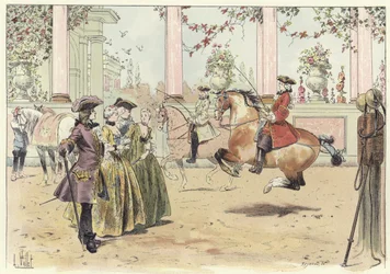 A group of men and women watching an equestrian performance